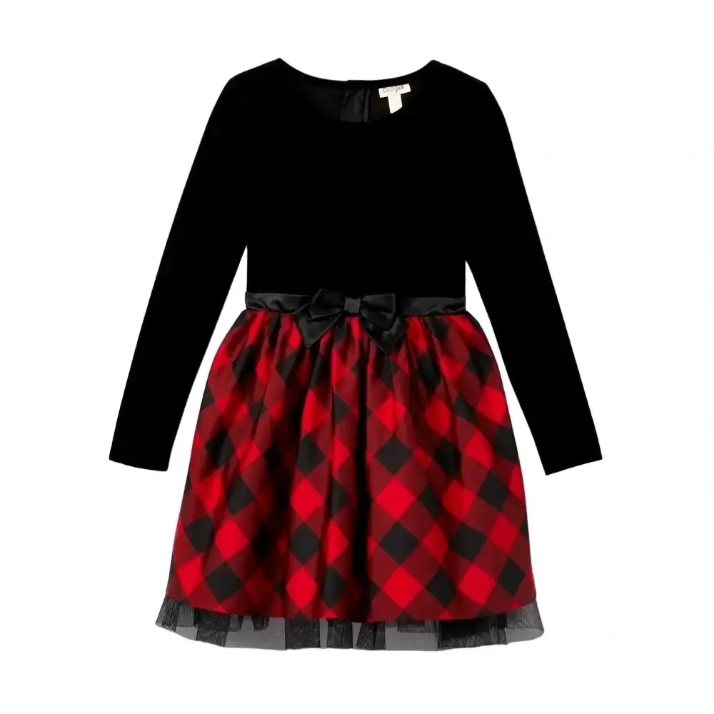 Cat & Jack Red/Black Girls Velour Buffalo Check Long Sleeve Dress